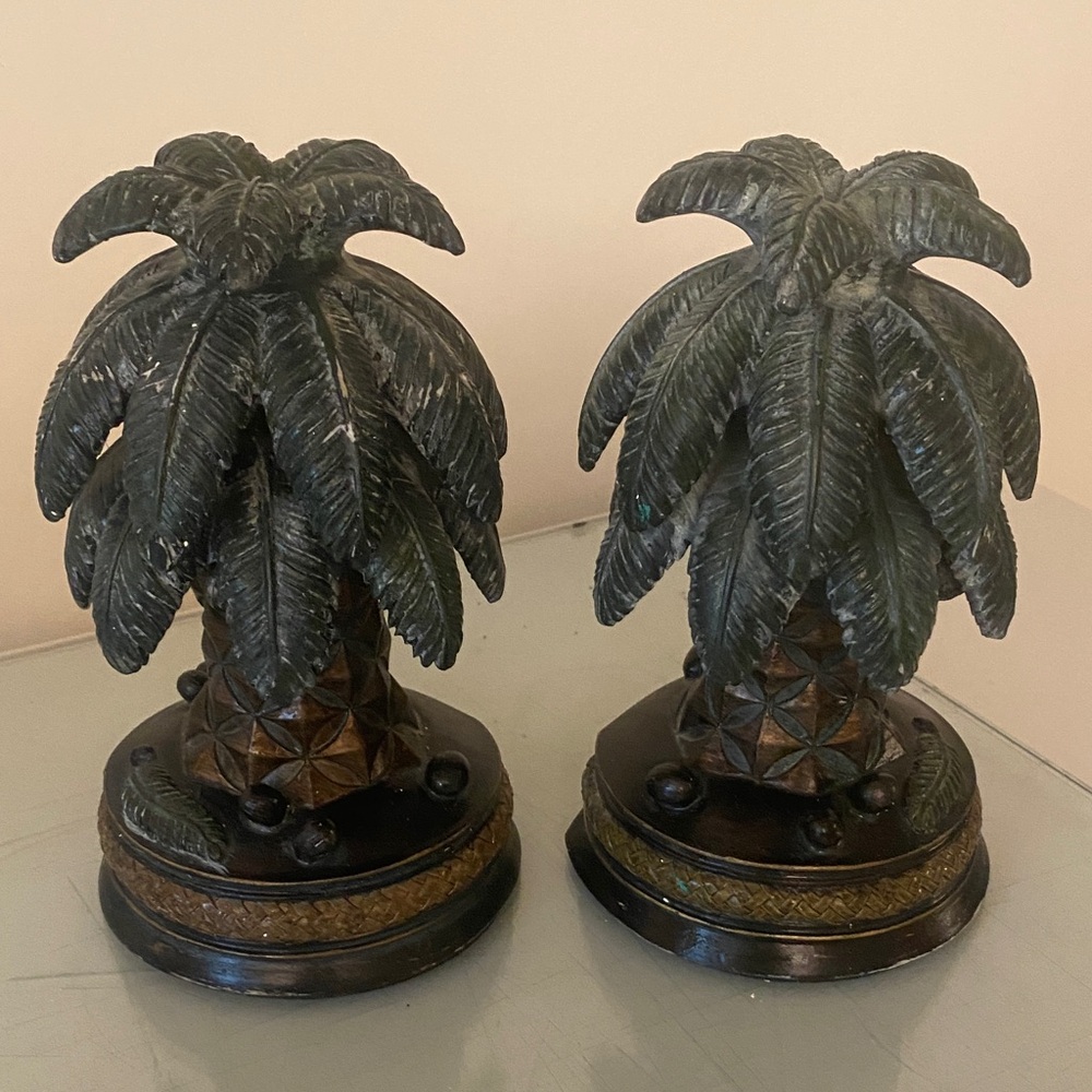 Vintage tropical resin Palm Tree Bookends -  Brown, gold and green.
